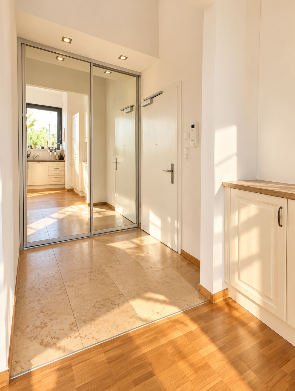 Heller Flur mit Spiegelschrank und Küche