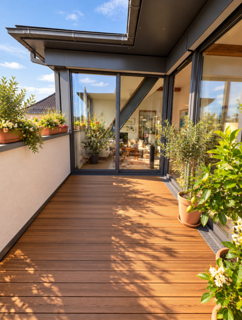 Moderne Terrasse im warmen Sonnenlicht
